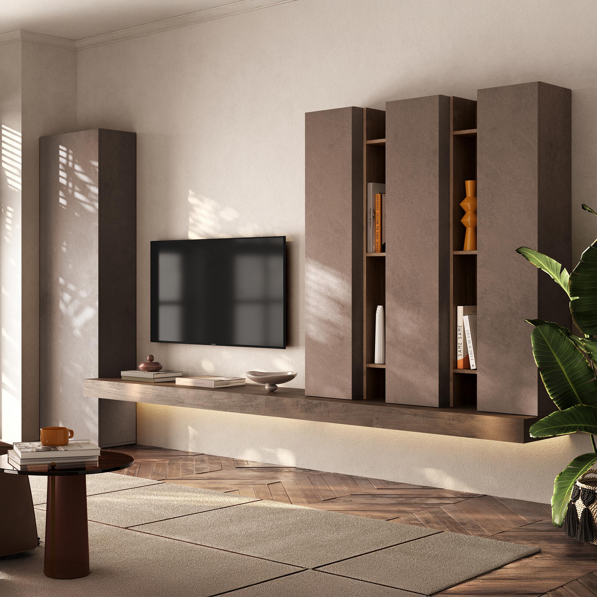 parete-tv-attrezzata-soggiorno-colonne-mensolone-bronzo-legno-noce-mercure (1)
