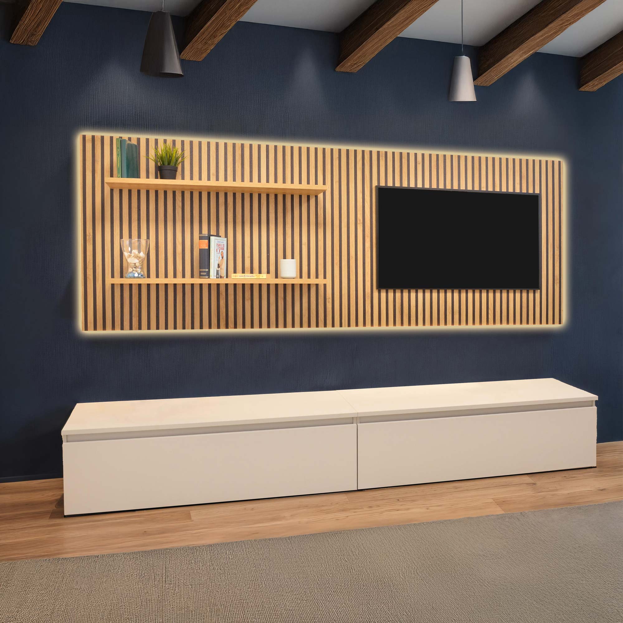 parete-tv-attrezzata-soggiorno-pannello-tv-legno-rovere-cadiz-cannettato-base-cassettoni-bianco-gesso