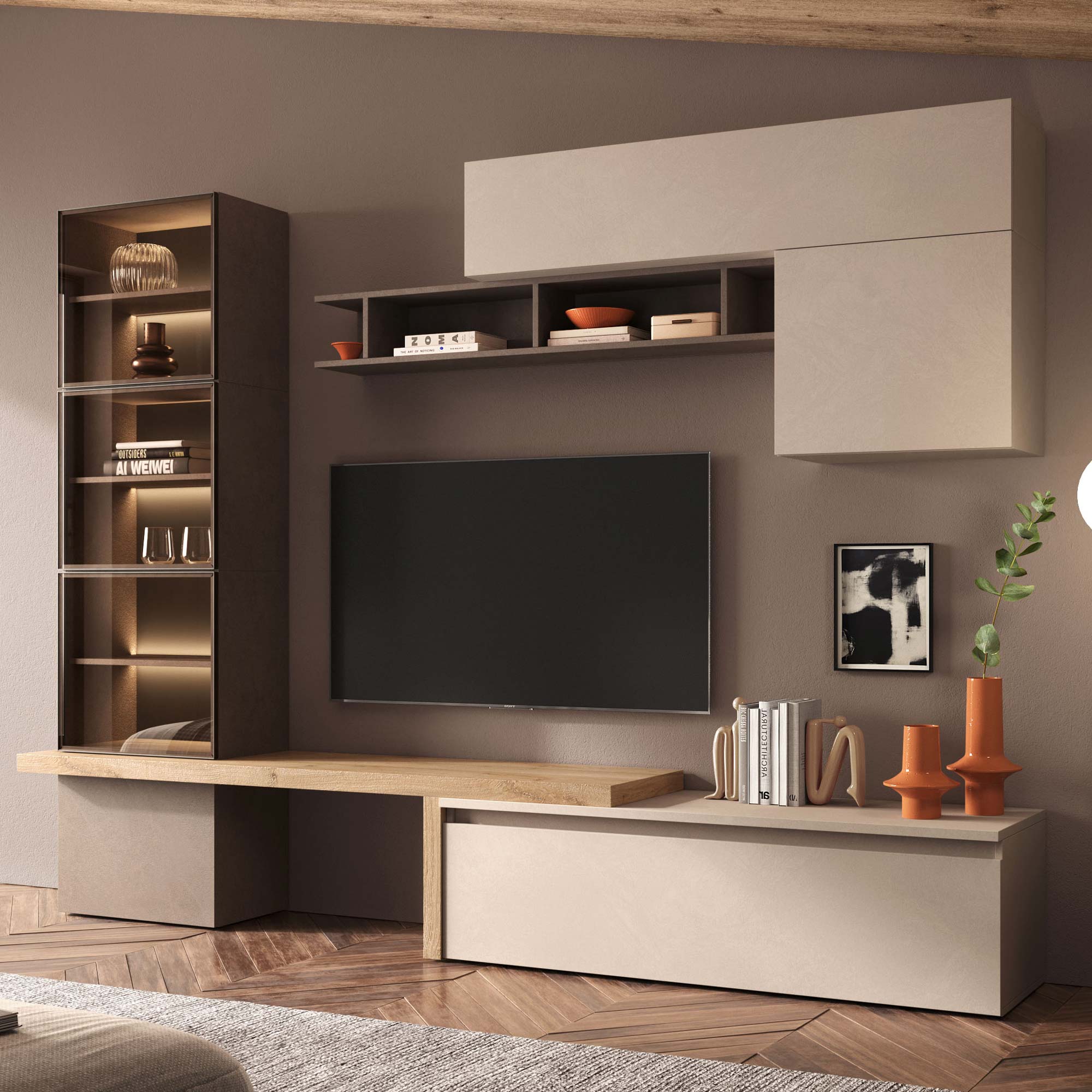parete-tv-soggiorno-legno-rovere-beige-anta-vetro-vetrina (1)