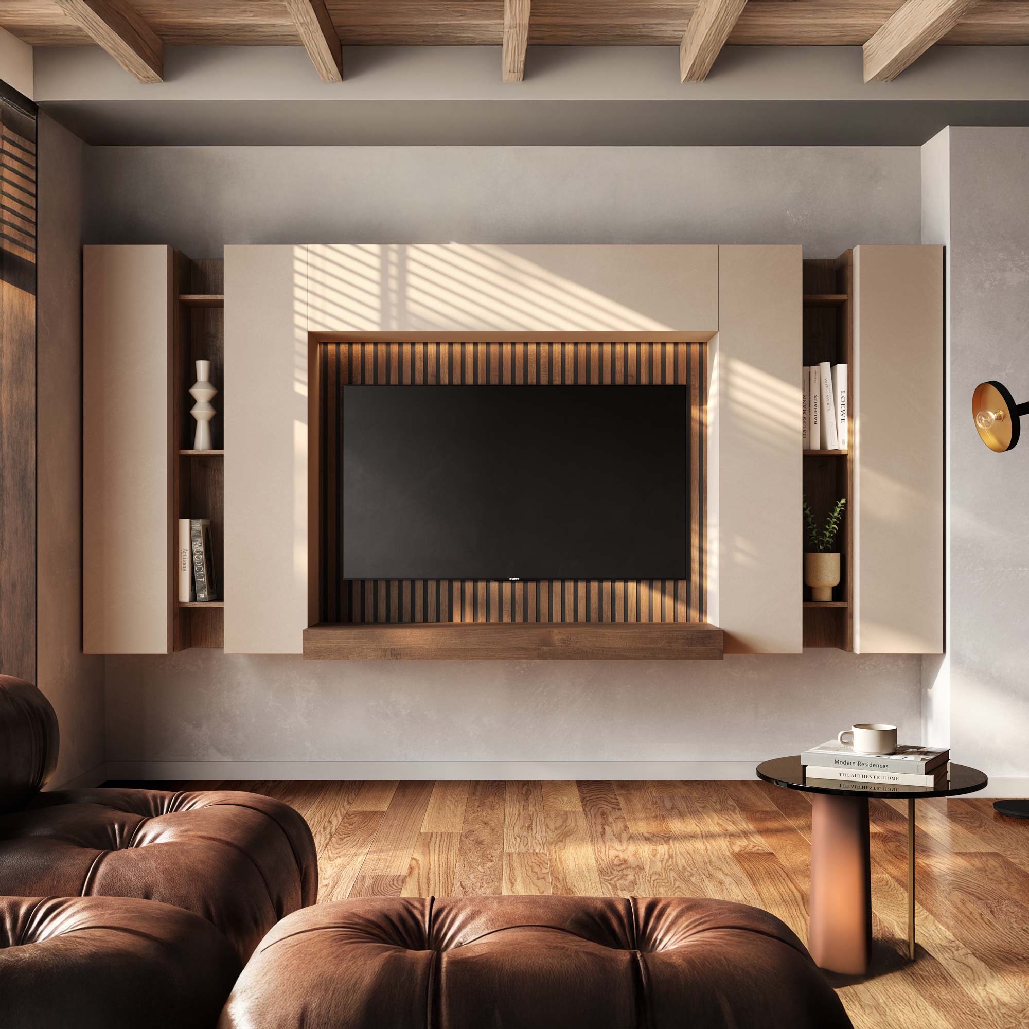 parete-tv-soggiorno-pannello-cannette-legno-noce-mercure-sospeso-beige-cashmere