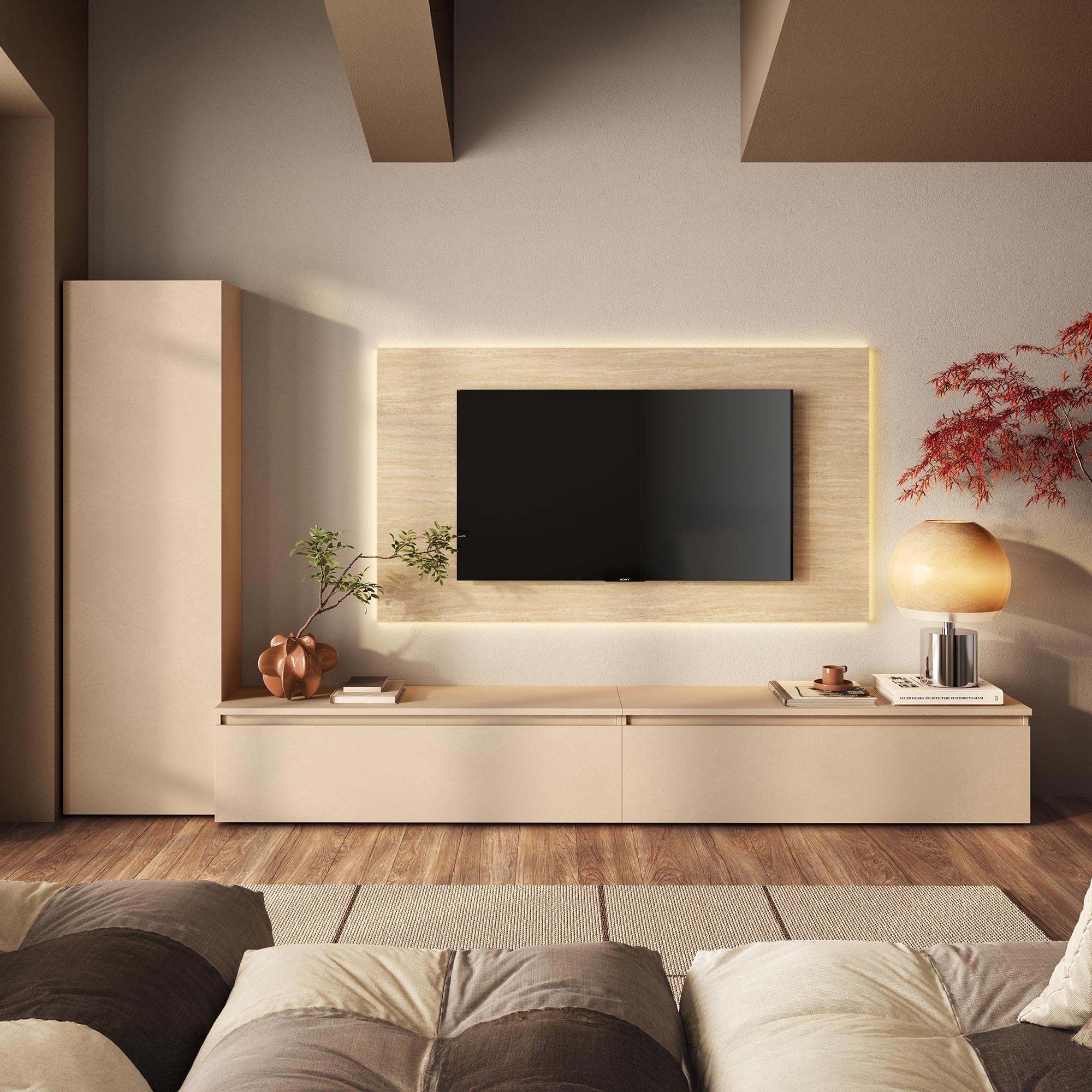 parete-tv-soggiorno-pannello-legno-traveritino-dietro-tv-2-cassettoni-colonna-panna-beige (1)