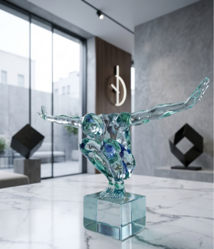 scultura-in-resina-trasparente-equilibrio-novità-blu-cobalto-verde-acqua-blue-sportman-ambienti-glamour -