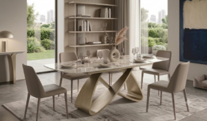 tavolo-a-botte-gres-allungabile-ceramica-calacatta-gold-lucido-struttura-metallo-champagne-180 cm (1)