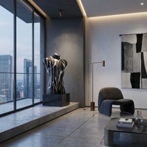 Scultura-in-resina-Sixties-Man-busto-uomo-torso-nero-opaco-strisce-bianco-lucido-ambienti-glamour (2)